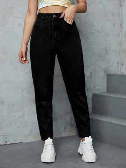 SHEIN ICON بنطال جينز أم بلون سادة عادي