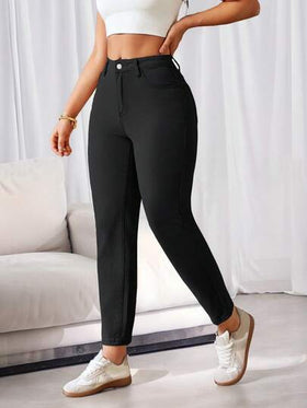SHEIN ICON بنطال جينز أم بلون سادة عادي