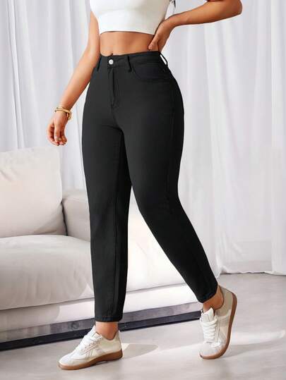 SHEIN ICON بنطال جينز أم بلون سادة عادي