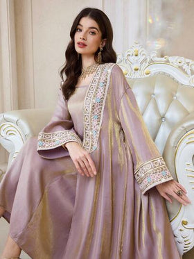 Al Najma رمضان مجموعة فستان عباية عربية أنيقة للنساء مع تريم شريط، أكمام طويلة وفستان كامي