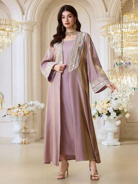 Al Najma رمضان مجموعة فستان عباية عربية أنيقة للنساء مع تريم شريط، أكمام طويلة وفستان كامي
