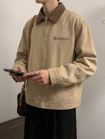 Manfinity Unisex جاكيت كاجوال للرجال بياقة ملونة وسحاب طويل الأكمام، مناسب للربيع والخريف، للموسم البارد، أزواج