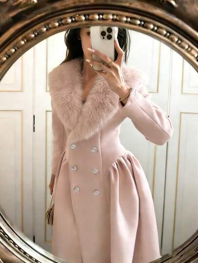 Glamine معطف أنيق بطراز قصر رومانسي للسيدات، مزين بياقة من الفرو الاصطناعي وأزرار اللؤلؤ، إطلالة أكاديمية شبابية، معطف صوفي مزيج أنيق بطراز الشارع، معطف شتوي وردي فاخر بياقة فرو ناعمة، معطف طويل أنيق بأكمام طويلة ومزين بياقة من الفرو الاصطناعي للسيدات