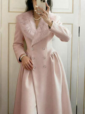 Glamine معطف أنيق بطراز قصر رومانسي للسيدات، مزين بياقة من الفرو الاصطناعي وأزرار اللؤلؤ، إطلالة أكاديمية شبابية، معطف صوفي مزيج أنيق بطراز الشارع، معطف شتوي وردي فاخر بياقة فرو ناعمة، معطف طويل أنيق بأكمام طويلة ومزين بياقة من الفرو الاصطناعي للسيدات