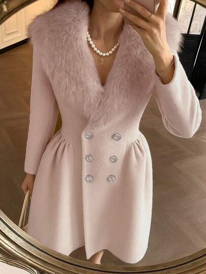 Glamine معطف أنيق بطراز قصر رومانسي للسيدات، مزين بياقة من الفرو الاصطناعي وأزرار اللؤلؤ، إطلالة أكاديمية شبابية، معطف صوفي مزيج أنيق بطراز الشارع، معطف شتوي وردي فاخر بياقة فرو ناعمة، معطف طويل أنيق بأكمام طويلة ومزين بياقة من الفرو الاصطناعي للسيدات