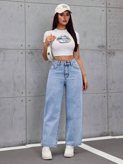 SHEIN Tall جينز نسائي مستقيم الساق بتصميم فينتاج مغسول