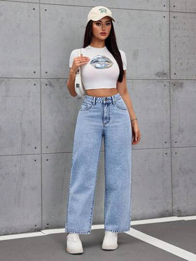 SHEIN Tall جينز نسائي مستقيم الساق بتصميم فينتاج مغسول