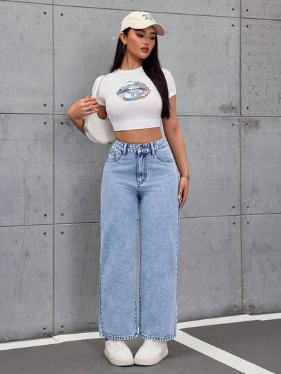 SHEIN Tall جينز نسائي مستقيم الساق بتصميم فينتاج مغسول