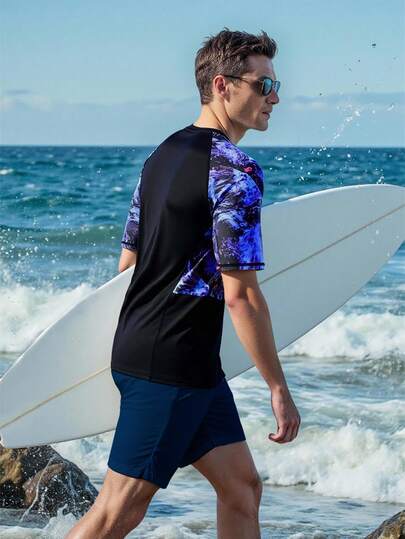 Manfinity Swimmode ملابس السباحة المطبوعة بطبعة استوائية للرجال، للشاطئ والتزحلق على الأمواج
