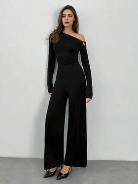 SHEIN Tall جمبسوت أنيقة ذات أكتاف غير متماثلة وأكمام طويلة مزينة بإبزيم معدني، ذات ساق واسعة، مناسبة للارتداء اليومي والمناسبات والحفلات، جمبسوت نسائية أنيقة للطبقات، جمبسوت ذات أكتاف غير متماثلة، جمبسوت ذات ساق واسعة، جمبسوت عيد الحب، جمبسوت للاستخدام ال
