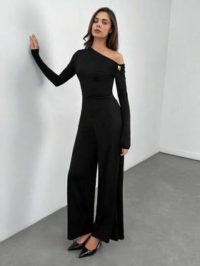 SHEIN Tall جمبسوت أنيقة ذات أكتاف غير متماثلة وأكمام طويلة مزينة بإبزيم معدني، ذات ساق واسعة، مناسبة للارتداء اليومي والمناسبات والحفلات، جمبسوت نسائية أنيقة للطبقات، جمبسوت ذات أكتاف غير متماثلة، جمبسوت ذات ساق واسعة، جمبسوت عيد الحب، جمبسوت للاستخدام ال