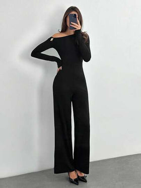 SHEIN Tall جمبسوت أنيقة ذات أكتاف غير متماثلة وأكمام طويلة مزينة بإبزيم معدني، ذات ساق واسعة، مناسبة للارتداء اليومي والمناسبات والحفلات، جمبسوت نسائية أنيقة للطبقات، جمبسوت ذات أكتاف غير متماثلة، جمبسوت ذات ساق واسعة، جمبسوت عيد الحب، جمبسوت للاستخدام ال