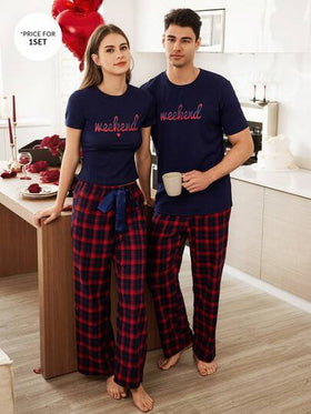 CoupledUp طقم بيجامة رجالي مكون من تي شيرت كاجوال بياقة دائرية وأكمام قصيرة مطبوع عليه حروف وبنطلون طويل مربعات