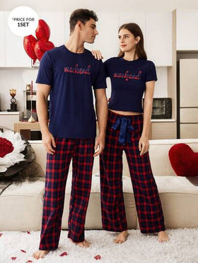 CoupledUp طقم بيجامة رجالي مكون من تي شيرت كاجوال بياقة دائرية وأكمام قصيرة مطبوع عليه حروف وبنطلون طويل مربعات