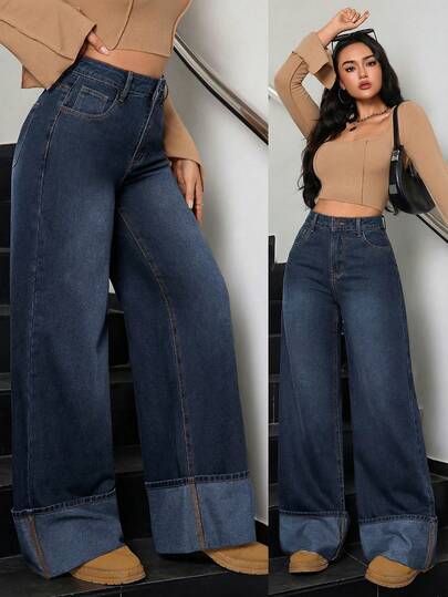 SHEIN Tall جينز نسائي كاجوال مغسول بتصميم فينتاج أنيق مع حافة مطوية وساق واسعة