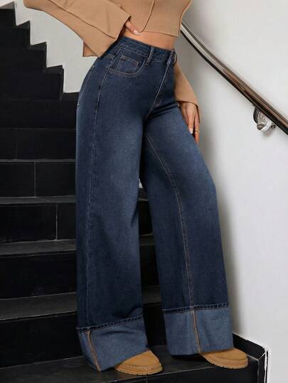 SHEIN Tall جينز نسائي كاجوال مغسول بتصميم فينتاج أنيق مع حافة مطوية وساق واسعة