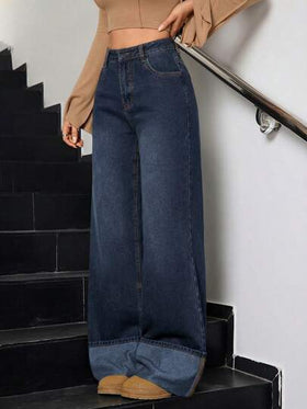 SHEIN Tall جينز نسائي كاجوال مغسول بتصميم فينتاج أنيق مع حافة مطوية وساق واسعة