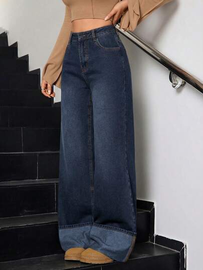SHEIN Tall جينز نسائي كاجوال مغسول بتصميم فينتاج أنيق مع حافة مطوية وساق واسعة