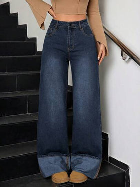 SHEIN Tall جينز نسائي كاجوال مغسول بتصميم فينتاج أنيق مع حافة مطوية وساق واسعة