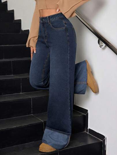 SHEIN Tall جينز نسائي كاجوال مغسول بتصميم فينتاج أنيق مع حافة مطوية وساق واسعة
