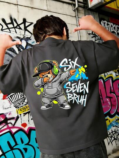 ملابس علوية تي شيرت بطبعة الدب التيدي "SIX SEVEN BRUH" الكرتونية لموضة الهيب هوب، مناسب للأولاد للشارع والكاجوال والمدرسة والمناسبات، قطعة صيفية