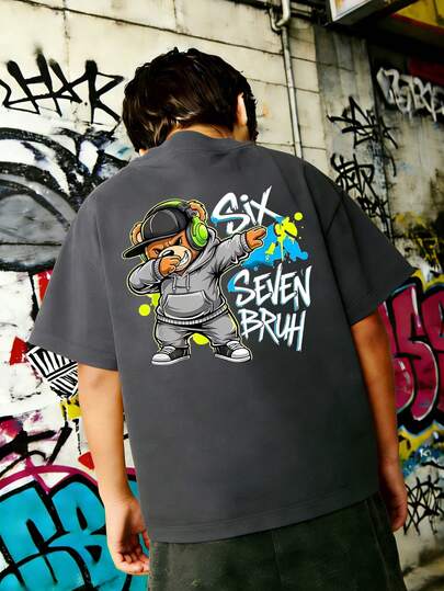 ملابس علوية تي شيرت بطبعة الدب التيدي "SIX SEVEN BRUH" الكرتونية لموضة الهيب هوب، مناسب للأولاد للشارع والكاجوال والمدرسة والمناسبات، قطعة صيفية
