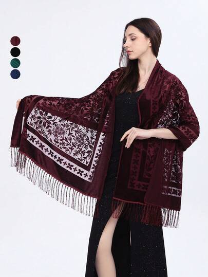 وشاح من المخمل ذو نقشة ورقية مع شرابات للنساء، لون أحادي، أنيق وأنيق للارتداء اليومي والحفلات في جميع المواسم