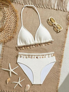 SHEIN بيكيني مكون من قطعتين للفتيات المراهقات، ملابس سباحة عصرية مزينة بالصدف للشاطئ