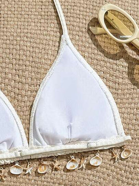 SHEIN بيكيني مكون من قطعتين للفتيات المراهقات، ملابس سباحة عصرية مزينة بالصدف للشاطئ