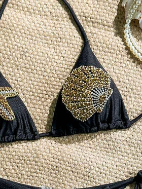 Swim Vcay بيكيني نسائي مكون من قطعتين، ملابس علوية مزين بنجمة البحر والصدف والراين، وشورت سباحة مربوط من الجانب، مجموعة بيكيني فاخرة