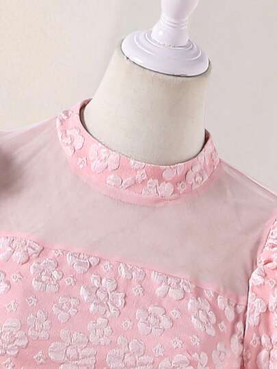 SHEIN فستان بأكمام منتفخة من نسيج جاكار أنيق مع طوق عالي، سحاب ظهر من الشبك، فستان متوسط الطول مناسب للمراهقات للاستخدام اليومي والحفلات والمناسبات