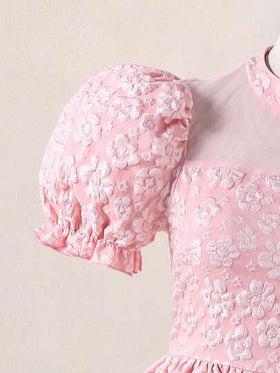 SHEIN فستان بأكمام منتفخة من نسيج جاكار أنيق مع طوق عالي، سحاب ظهر من الشبك، فستان متوسط الطول مناسب للمراهقات للاستخدام اليومي والحفلات والمناسبات