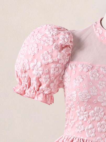 SHEIN فستان بأكمام منتفخة من نسيج جاكار أنيق مع طوق عالي، سحاب ظهر من الشبك، فستان متوسط الطول مناسب للمراهقات للاستخدام اليومي والحفلات والمناسبات