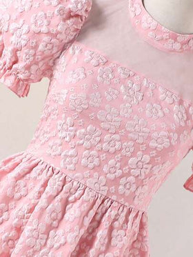 SHEIN فستان بأكمام منتفخة من نسيج جاكار أنيق مع طوق عالي، سحاب ظهر من الشبك، فستان متوسط الطول مناسب للمراهقات للاستخدام اليومي والحفلات والمناسبات