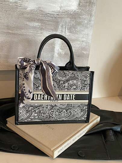 (28سم*20سم*10سم) حقيبة يد نسائية موضة، سعة كبيرة، شكل مربع، خفيفة الوزن، زخرفة وشاح راقية، مقاومة للخدش والاحتكاك، مناسبة للتسوق والمواعدة والتجمعات والتنقل، بنمط حرفي، حقيبة كاجوال أنيقة للسيدات