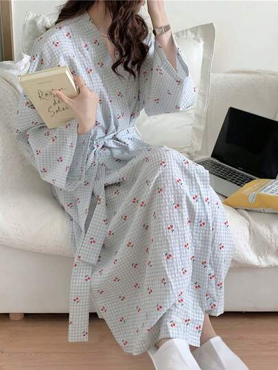 رداء نسائي خفيف الوزن بأكمام طويلة - كيمونو مطبوع بنمط المربعات، ملابس منزلية بسيطة وجميلة للربيع والخريف، بشكل روب استحمام ناعم للعناية بالذات والاسترخاء