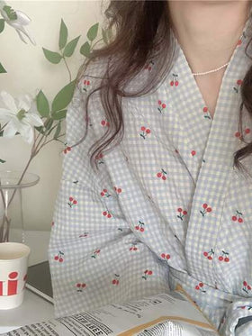 رداء نسائي خفيف الوزن بأكمام طويلة - كيمونو مطبوع بنمط المربعات، ملابس منزلية بسيطة وجميلة للربيع والخريف، بشكل روب استحمام ناعم للعناية بالذات والاسترخاء
