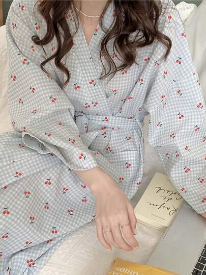 رداء نسائي خفيف الوزن بأكمام طويلة - كيمونو مطبوع بنمط المربعات، ملابس منزلية بسيطة وجميلة للربيع والخريف، بشكل روب استحمام ناعم للعناية بالذات والاسترخاء