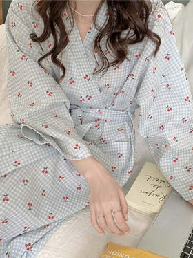 رداء نسائي خفيف الوزن بأكمام طويلة - كيمونو مطبوع بنمط المربعات، ملابس منزلية بسيطة وجميلة للربيع والخريف، بشكل روب استحمام ناعم للعناية بالذات والاسترخاء