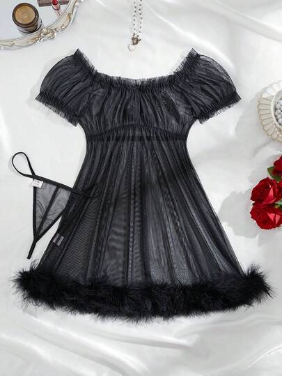 SHEIN مجموعة من قطعتين من الثوب الليلي الشبكي الجذاب (بدون سلك، سروال داخلي) للنساء