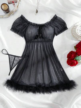 SHEIN مجموعة من قطعتين من الثوب الليلي الشبكي الجذاب (بدون سلك، سروال داخلي) للنساء