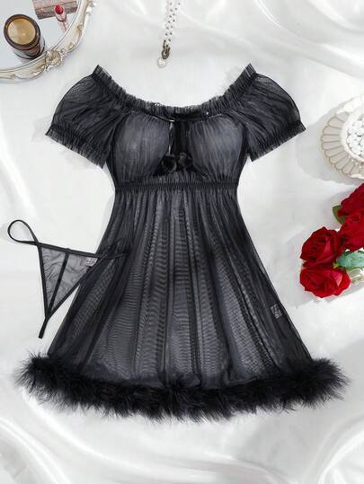 SHEIN مجموعة من قطعتين من الثوب الليلي الشبكي الجذاب (بدون سلك، سروال داخلي) للنساء