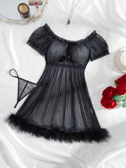 SHEIN مجموعة من قطعتين من الثوب الليلي الشبكي الجذاب (بدون سلك، سروال داخلي) للنساء