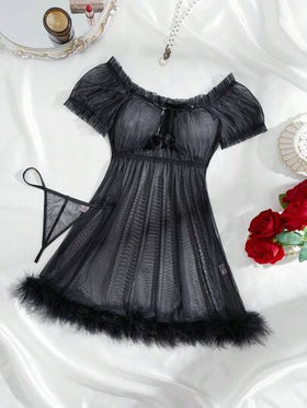 SHEIN مجموعة من قطعتين من الثوب الليلي الشبكي الجذاب (بدون سلك، سروال داخلي) للنساء