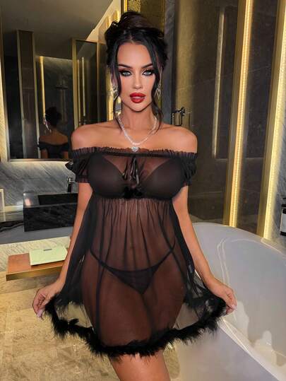 SHEIN مجموعة من قطعتين من الثوب الليلي الشبكي الجذاب (بدون سلك، سروال داخلي) للنساء