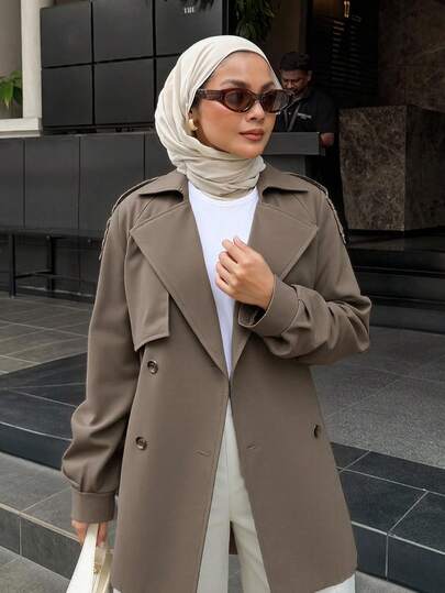 DAZY معطف كاجوال بأسلوب أعمال بلون أحادي للنساء بأكمام فضفاضة على شكل راجلان، ملابس خريفية للنساء، جاكيت