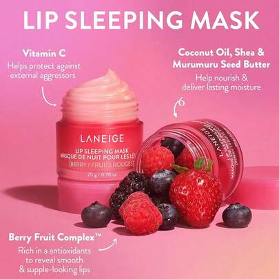 Laneige 20 جرام قناع نوم للشفاه بعطر الخوخ، بصيغة التوت، عميق الترطيب، يصلح الشفاه الجافة والمتقشرة. يزيل بلطف تقشير الشفاه، يضيء لون الشفاه، ويترك الشفاه ناعمة وملساء وغير لزجة. مناسب للاستخدام ليلاً. | مستحضرات تجميل كورية ، مكياج كوري