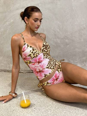 Swim Glamine مجموعة بكيني بطبعة زهرية وخطوط مربعة صفراء، ملابس سباحة للعطلات والشاطئ والحفلات، للربيع والصيف