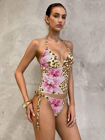 Swim Glamine مجموعة بكيني بطبعة زهرية وخطوط مربعة صفراء، ملابس سباحة للعطلات والشاطئ والحفلات، للربيع والصيف
