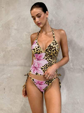 Swim Glamine مجموعة بكيني بطبعة زهرية وخطوط مربعة صفراء، ملابس سباحة للعطلات والشاطئ والحفلات، للربيع والصيف